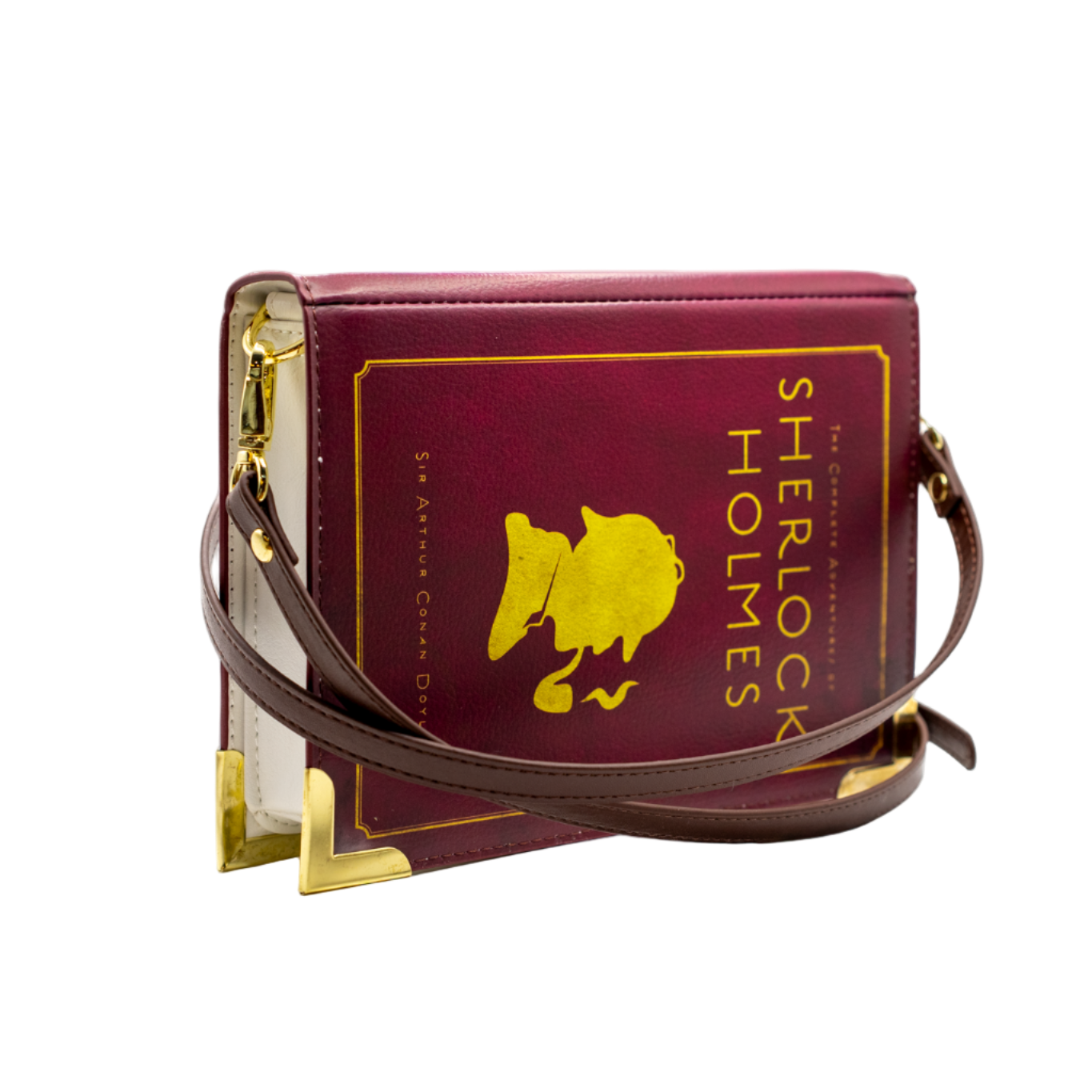 Burgundy book-shaped handbag with Sherlock Holmes logo on a white background