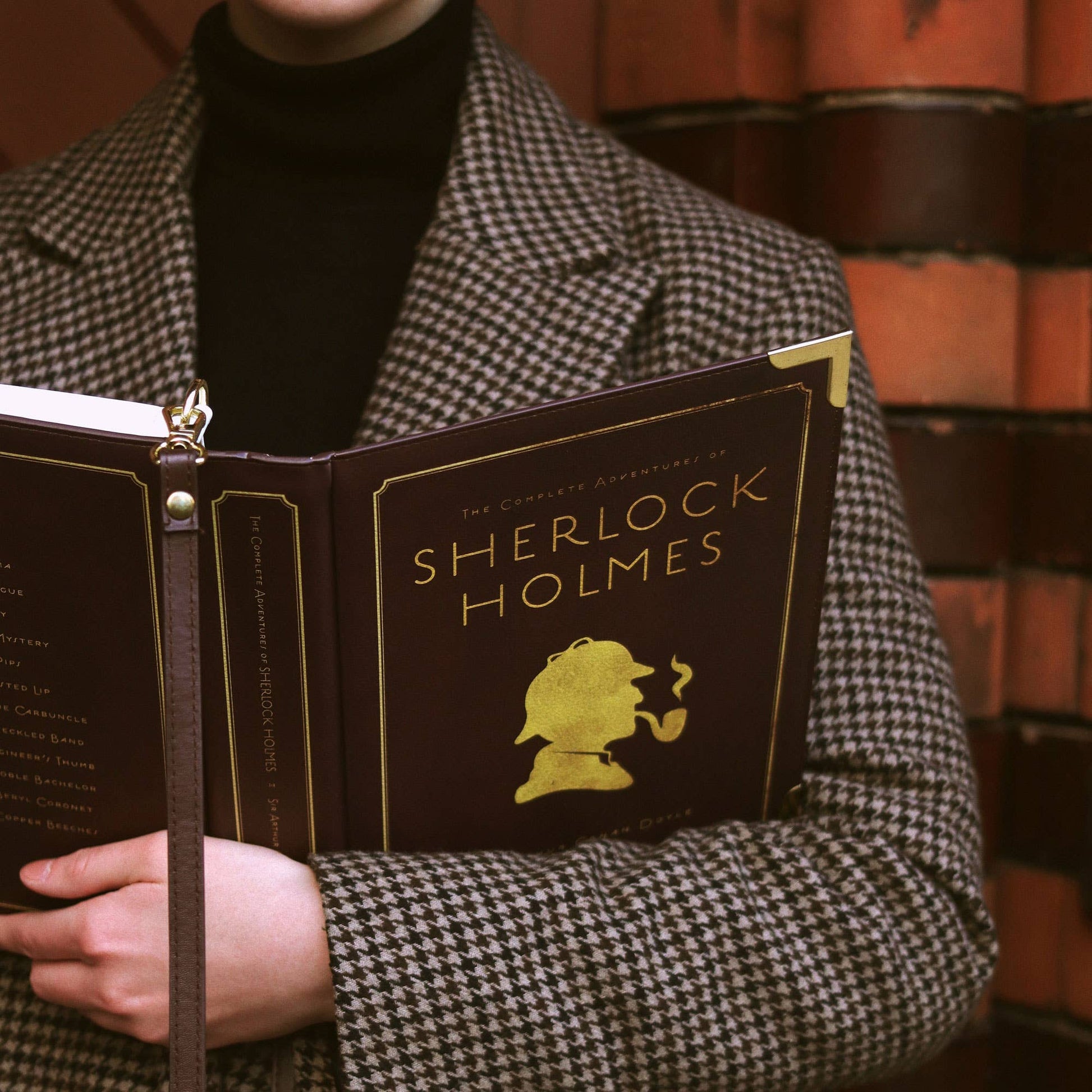 Person holding a book titled 'Sherlock Holmes' in front of a bookshelf.