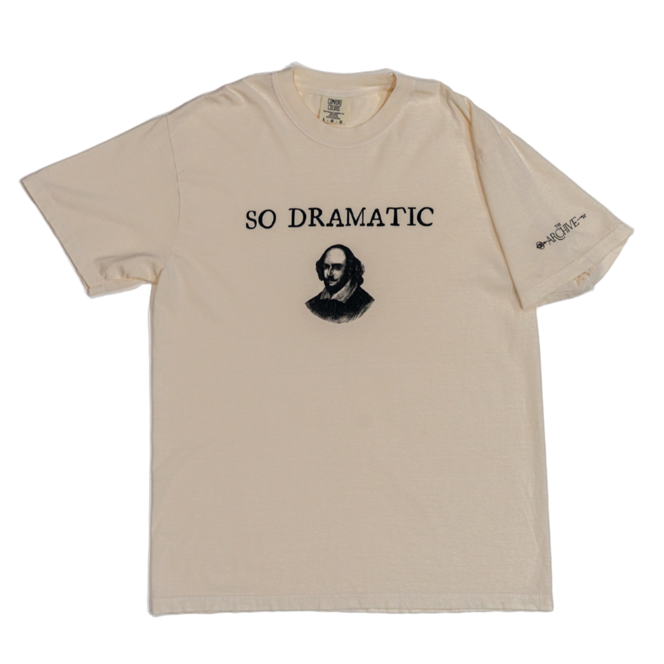 Beige t-shirt with a graphic and text 'SO DRAMATIC' on a white background
