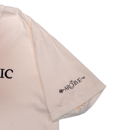 Beige t-shirt with 'The Archive' branding on a white background
