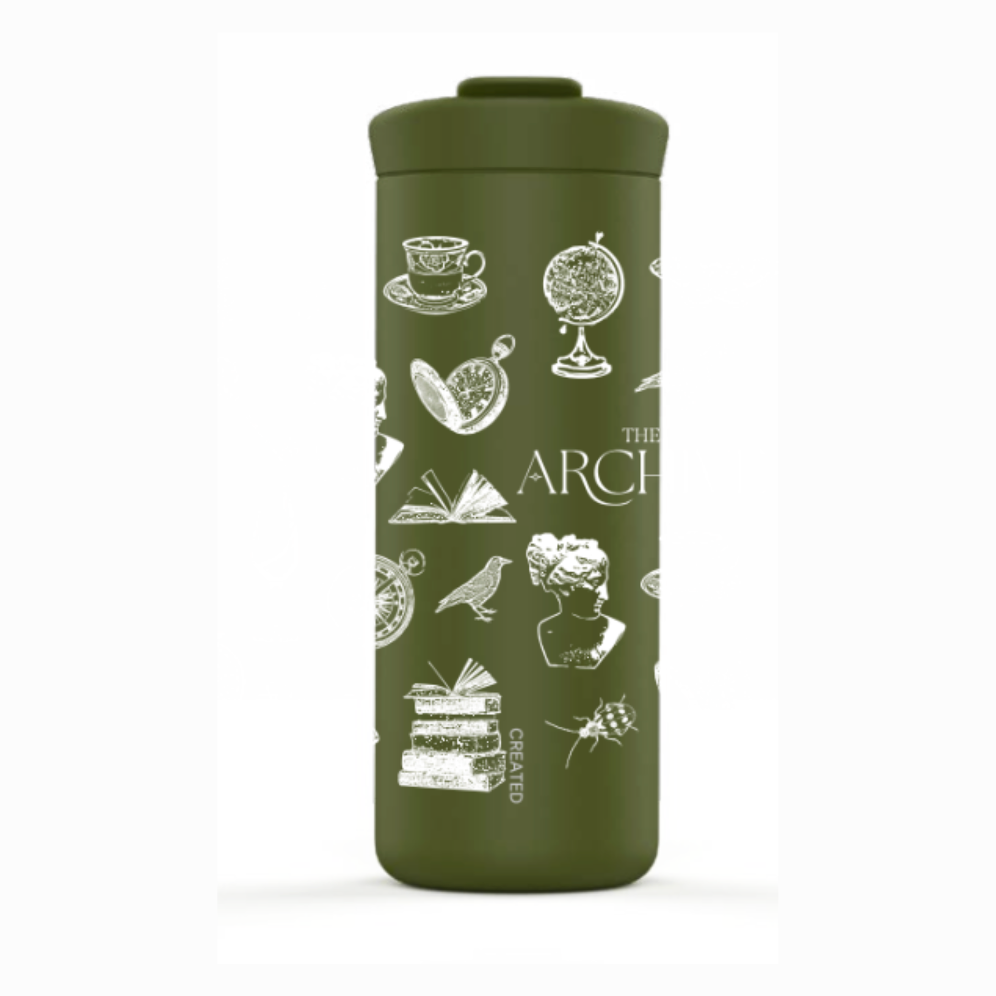 Green tumbler with white illustrations and text on a white background