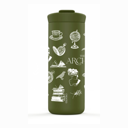 Green tumbler with white illustrations and text on a white background