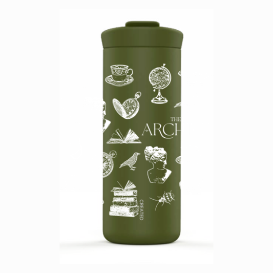 Green tumbler with white illustrations and text on a white background