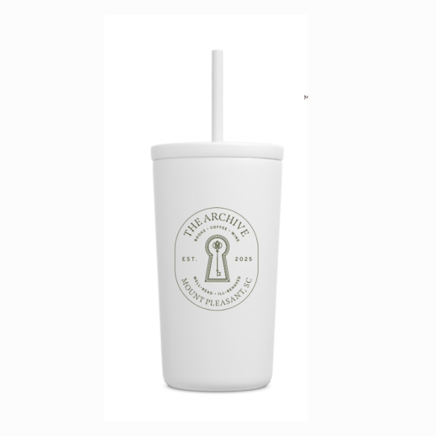 White tumbler with a straw featuring 'The Archive' logo on a white background