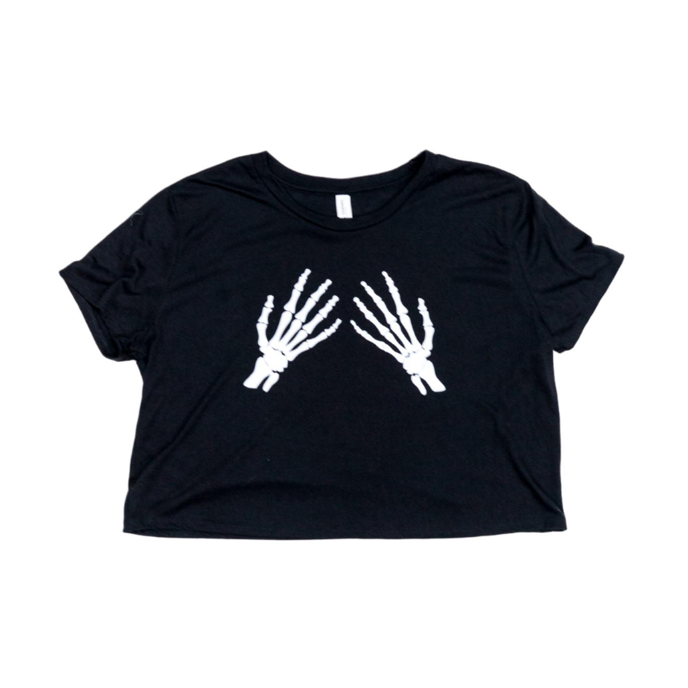 Black t-shirt with white skeleton hand design on a white background
