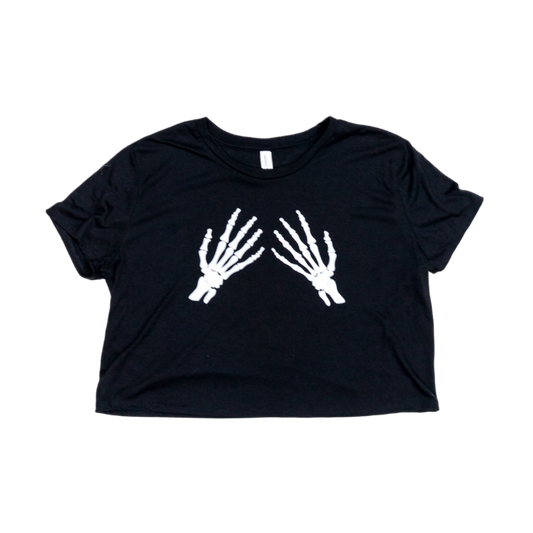 Black t-shirt with white skeleton hand design on a white background