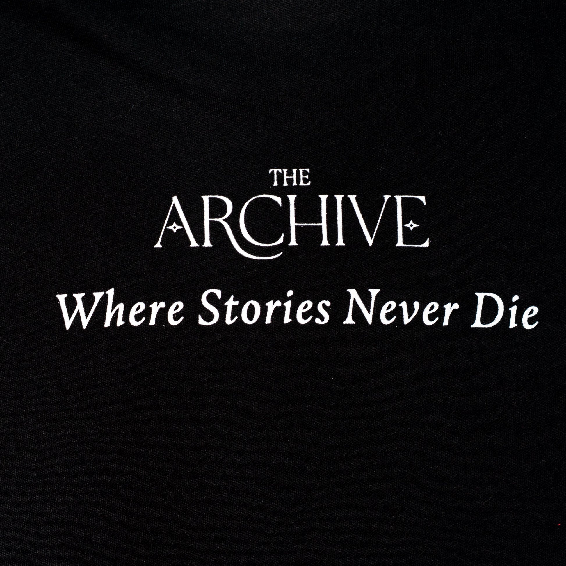 Black t-shirt with 'The Archive Where Stories Never Die' text in white.