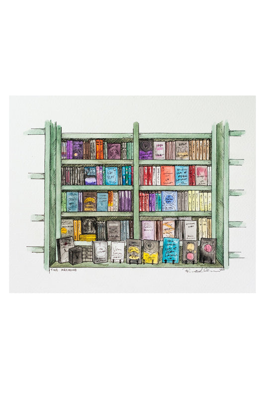 The Archive Bookshelves – Watercolor & Ink Art Print