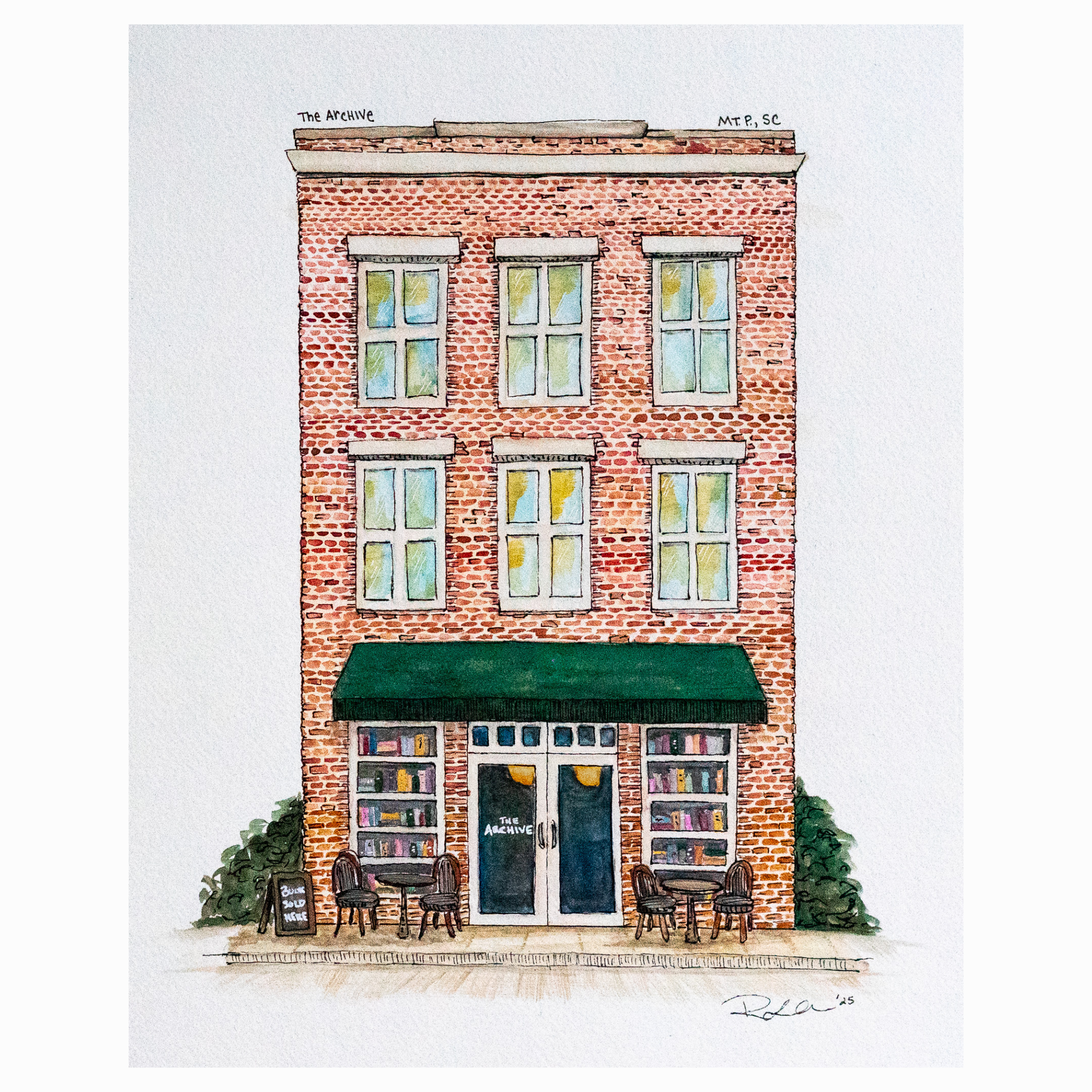 Illustration of a brick building with a green awning and bookshelves, on a white background.
