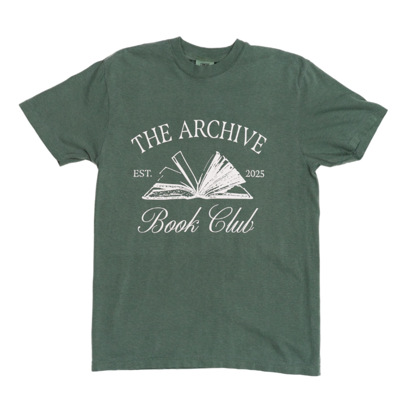 Green t-shirt with 'The Archive Book Club' design on a white background