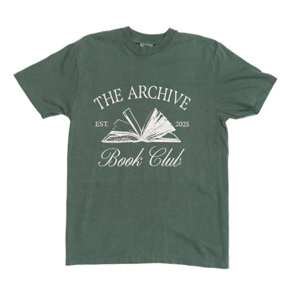 Green t-shirt with 'The Archive Book Club' design on a white background