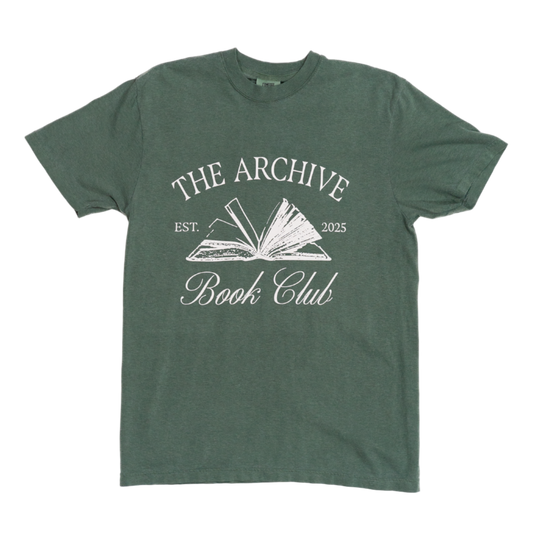 Green t-shirt with 'The Archive Book Club' design on a white background