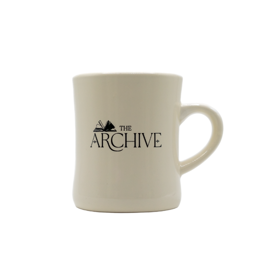 Beige mug with 'The Archive' logo on a white background