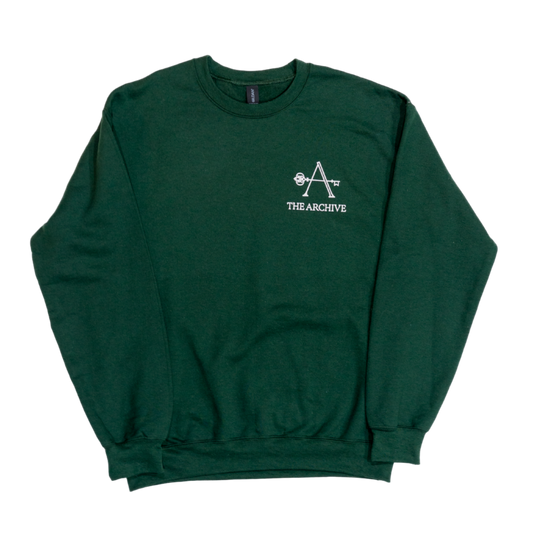 Green sweatshirt with a logo and text on a white background