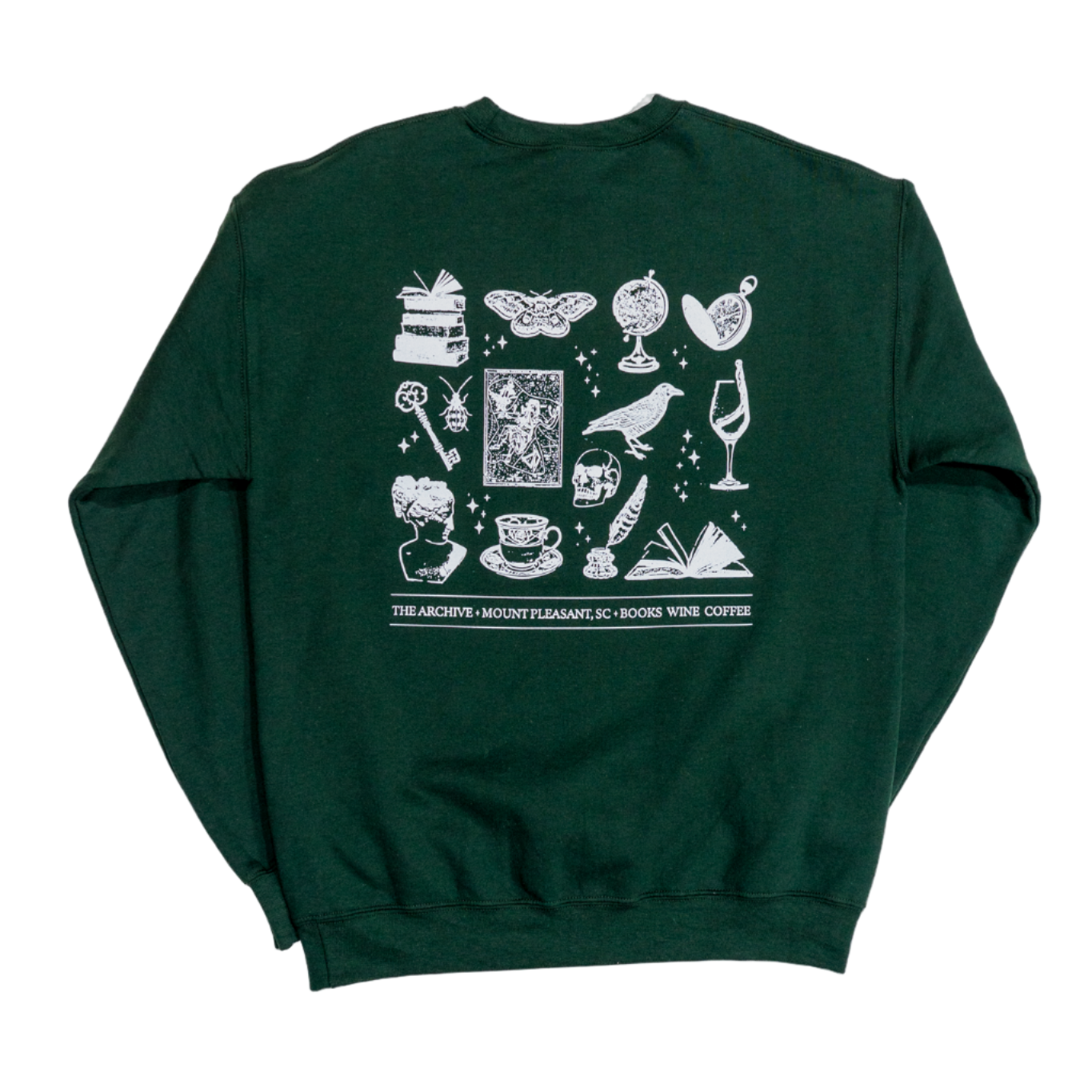 Green sweatshirt with white graphic design on a white background