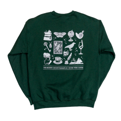 Green sweatshirt with white graphic design on a white background