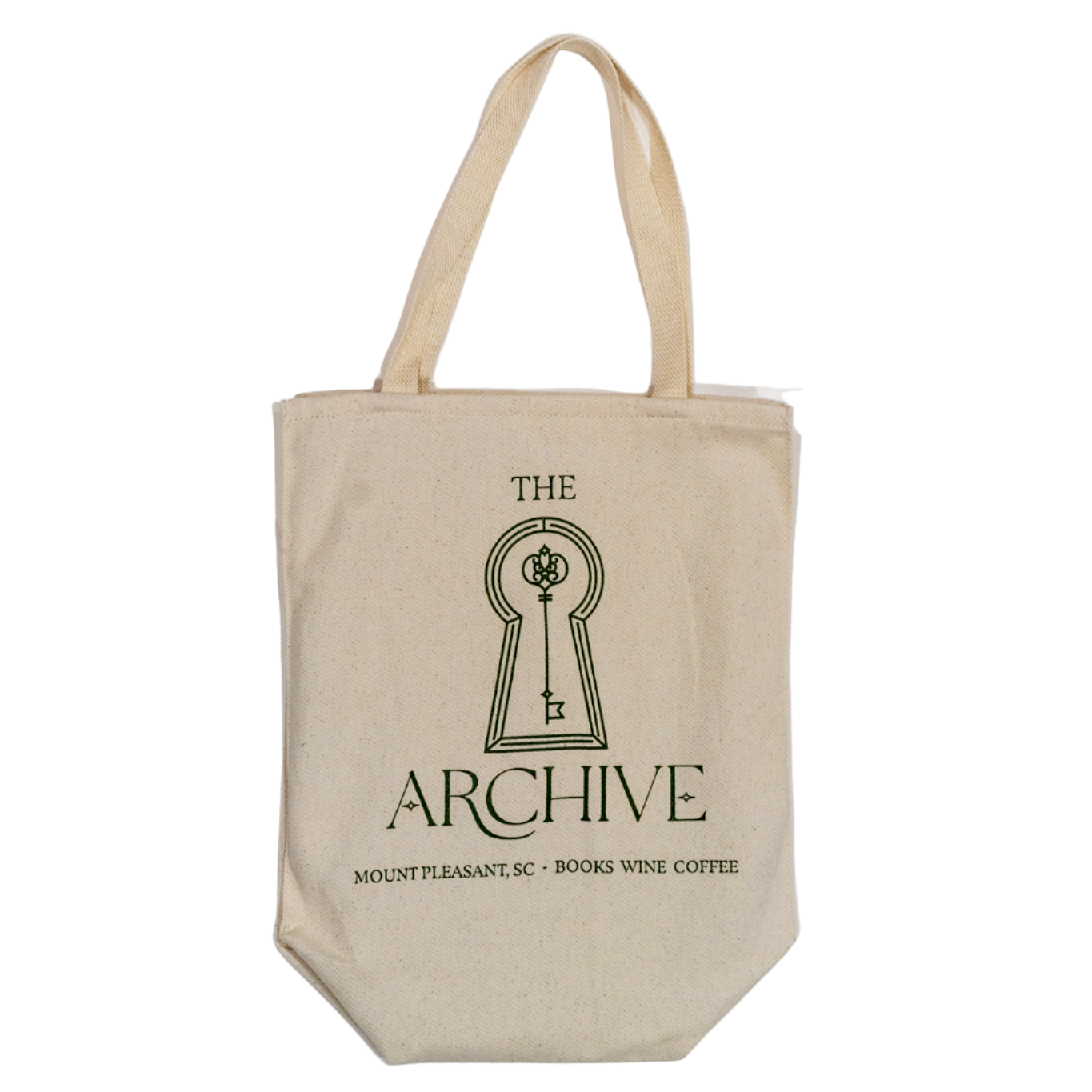 Beige tote bag with 'The Archive' logo and text on a white background