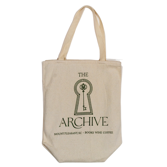 Beige tote bag with 'The Archive' logo and text on a white background