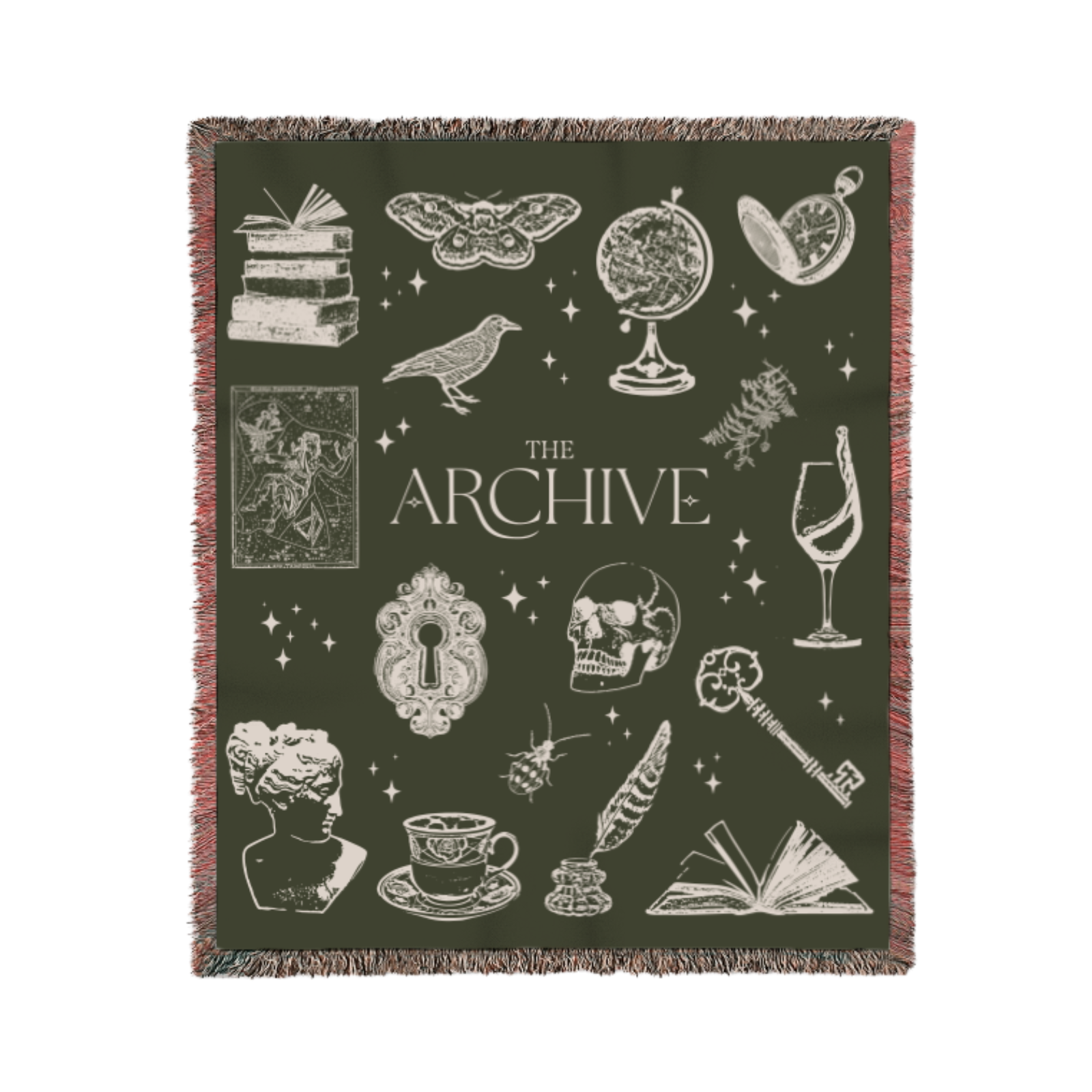 Blanket with vintage-style illustrations and 'The Archive' branding on a dark green background