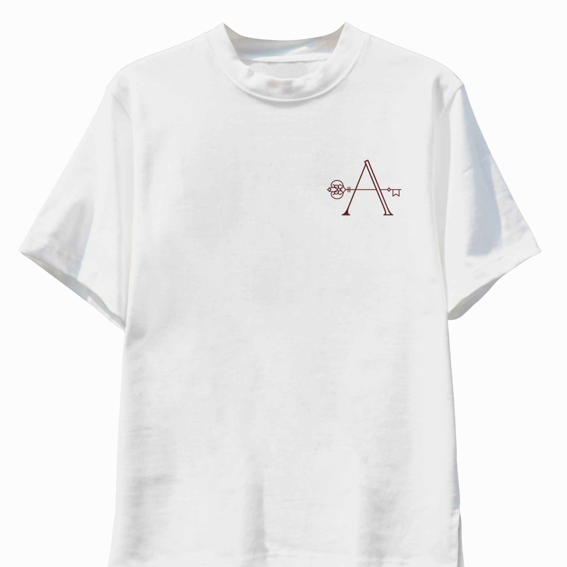 White t-shirt with a red logo on a white background