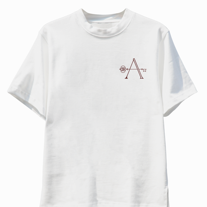 White t-shirt with a red logo on a white background
