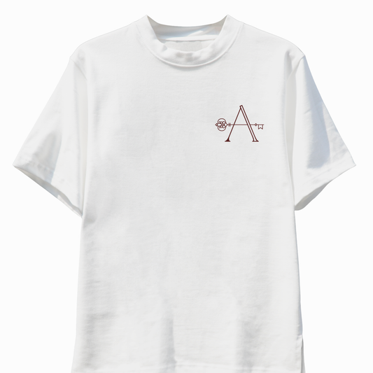 White t-shirt with a red logo on a white background