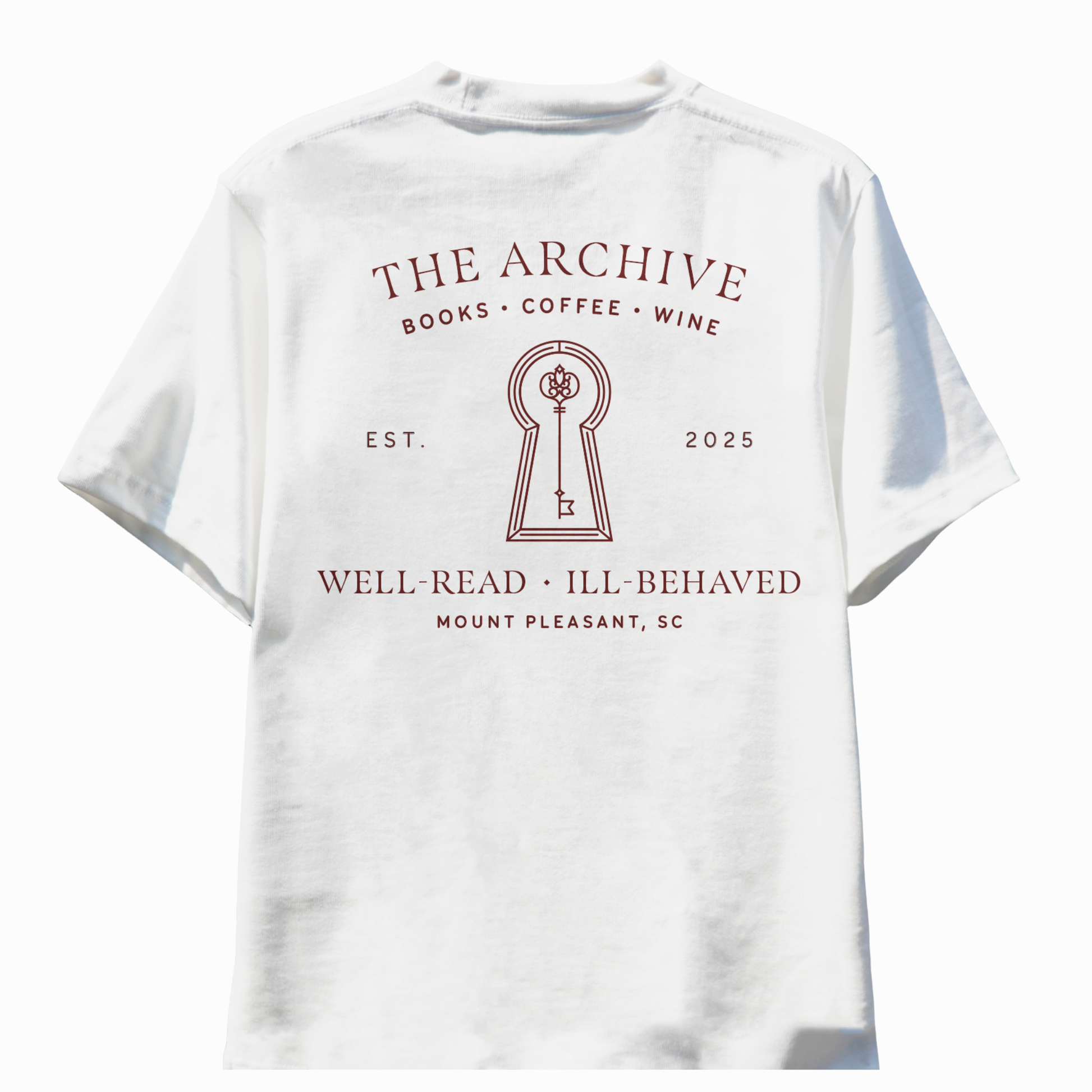White t-shirt with 'The Archive' logo and text on a white background