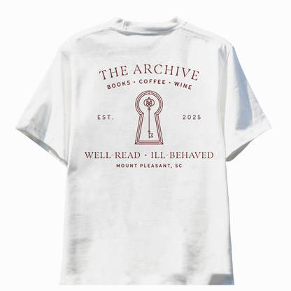 White t-shirt with 'The Archive' logo and text on a white background
